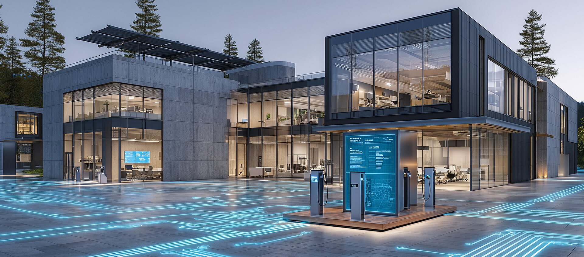 Modernes Gewerbegebäude mit PV-Anlage und E-Ladeinfrastruktur – iconiQ Energy Energielösung
