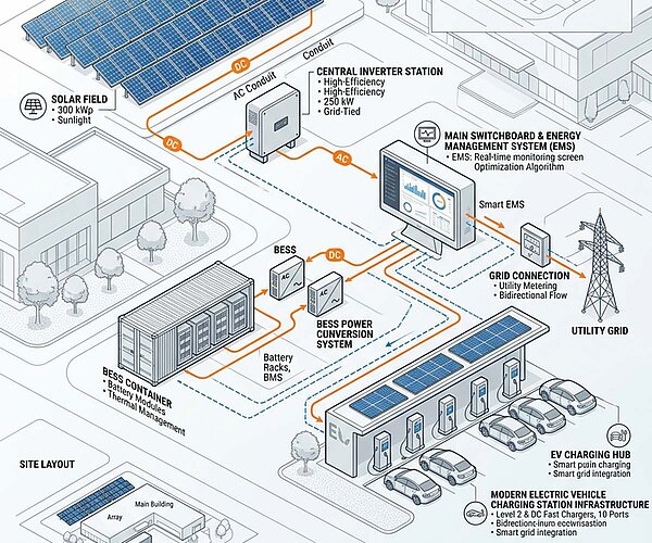 Übersichtsplanung aller Systemkomponenten – iconiQ PV, Speicher, EMS